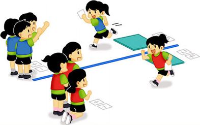 총 2팀이 경기중이고 각 팀에서 3명의 아이들은 응원중이고, 나머지 한명은 숫자를 가지고 달려오고 있는 일러스트 이미지