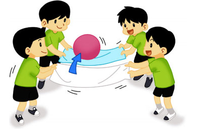 수건 패스 활동중인 4명의 아이들이 2명씩 짝지어 수건 위에 있는 공을 옮기고 있는 일러스트 이미지