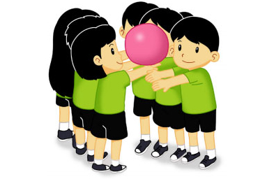 동시에 공 받기 활동을 하고 있는 4명의 아이들 중 1명이 나머지 3명의 아이들이 던지는 콩주머니를 받고 있는 일러스트 이미지