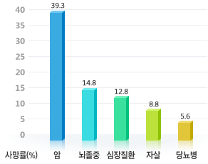 사망률을 표기한 우리나라 5대 사망원인 통계청 2009년 자료 암-39.3%, 뇌졸중-14.8%, 심장질환-12.8%, 자살-8.8%, 당뇨병-5.6%