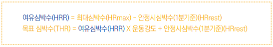 여유심박수(HRR) = 최대심박수(HRmax)-안정심박수(1분기준)(HRrest) / 목표심박수(THR) = 여유심박수(HRR) X 운동강도 + 안정심박수(1분기준)(HRrest)
