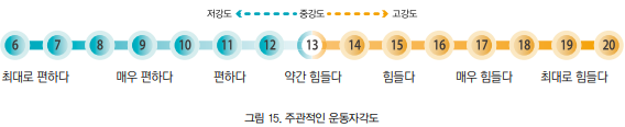 주관적인 운동자각도, 왼쪽부터 6~20까지로 되어있으며 6은 최대로 편하다, 9는 매우편하다, 11은 편하다, 13은 약간힘들다, 15는 힘들다, 17은 매우 힘들다, 20은 최대로 힘들다 이며, 저강도 중강도 고강도 순을 표현한 이미지