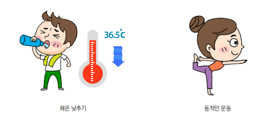 왼쪽부터 찬물을 마시는모습 옆에 온도가 내려감을 의미하는 이미지와 요가를 하는 여자의 모습의 이미지이며 각각 체온낮추기, 동적인 운동이라 적인 이미지