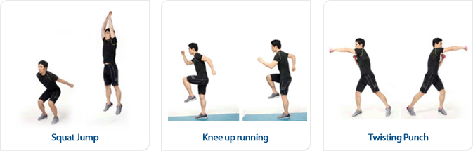 스쿼트를 했다가 높이 뛰는 스쿼트 점프(Squat Jump), 무릎을 허리까지 들어 뛰는 무릎 들어 달리기 (Knee up running), 몸을 회전하며 주먹을 내지르는 트위스팅 펀치(Twisting Punch) 세 가지 종류의 순발력 운동 자세를 보여주는 이미지.