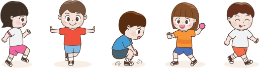 달리기, 직립균형, 두 발 뛰기, 공 던지기, 걷기를 하고 있는 유아기 어린이들 이미지