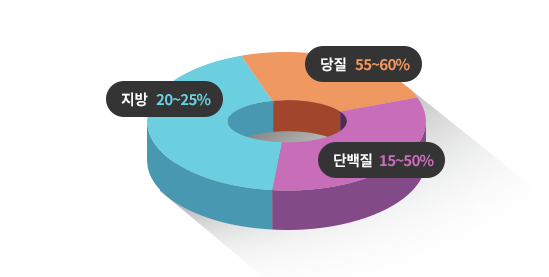 영양소 배분 원형 그래프: 지방 20~25%, 당질 55~60%, 단백질15~50%